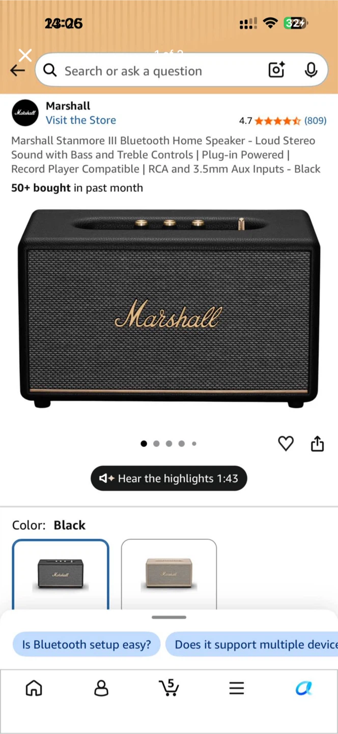 Marshall Stanmore III Bluetooth Home Speaker - Black