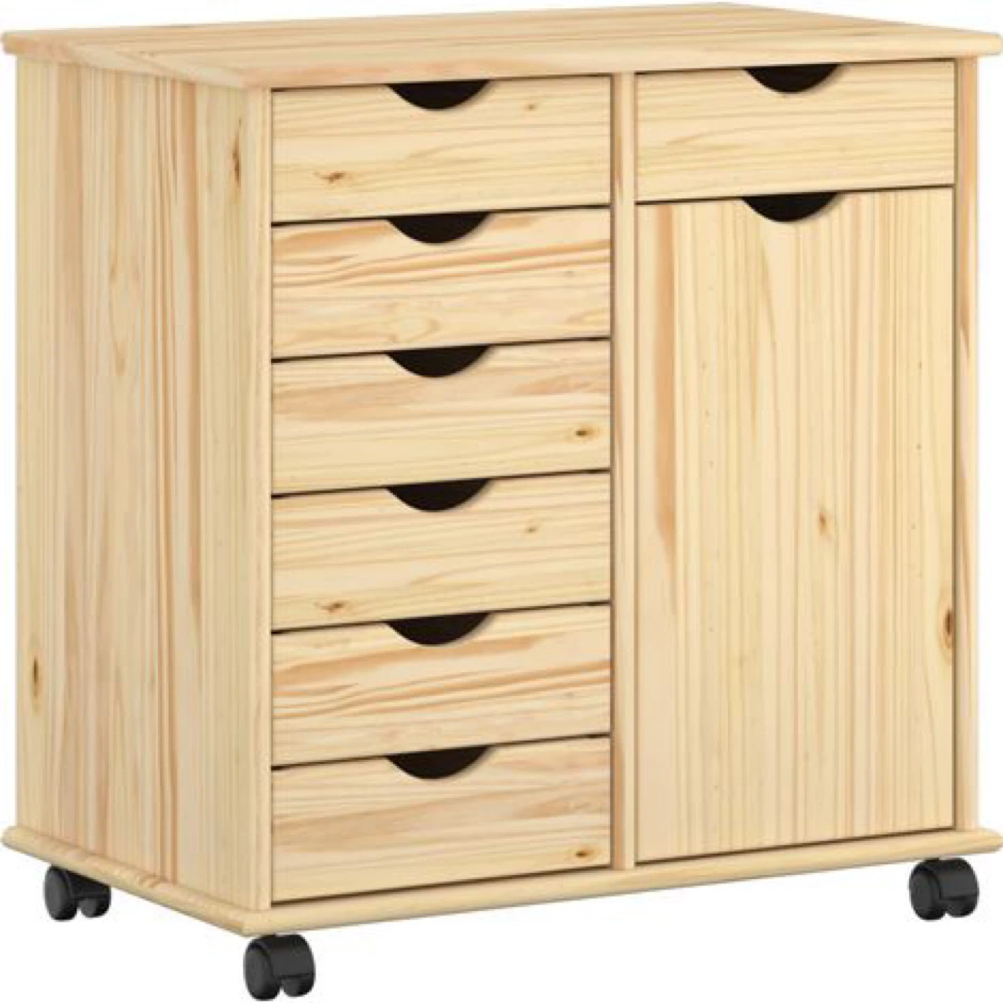 Wooden Rolling Storage Cabinet with Drawers and Door