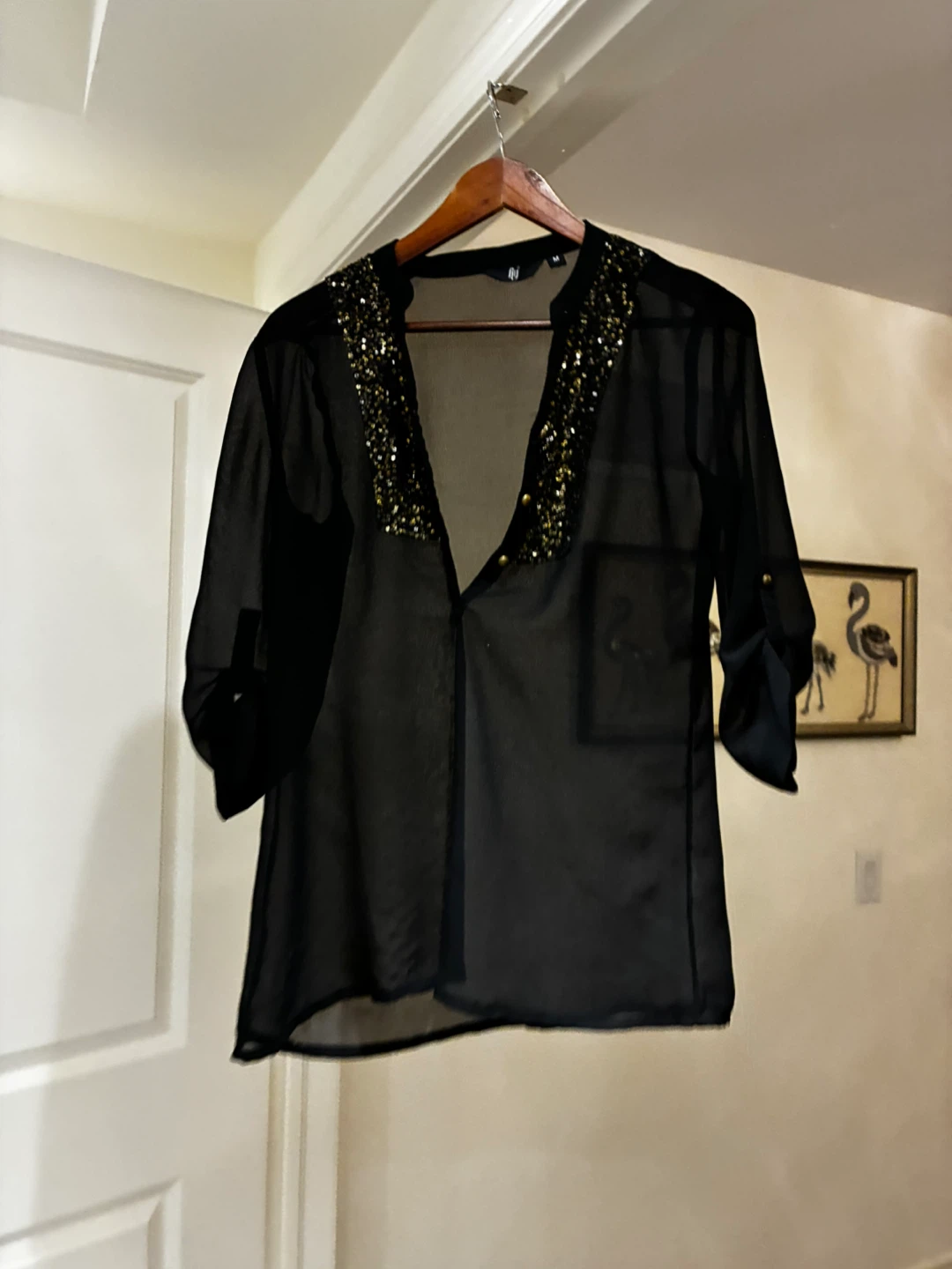 Black sheer blouse with gold embellishments - photo 2