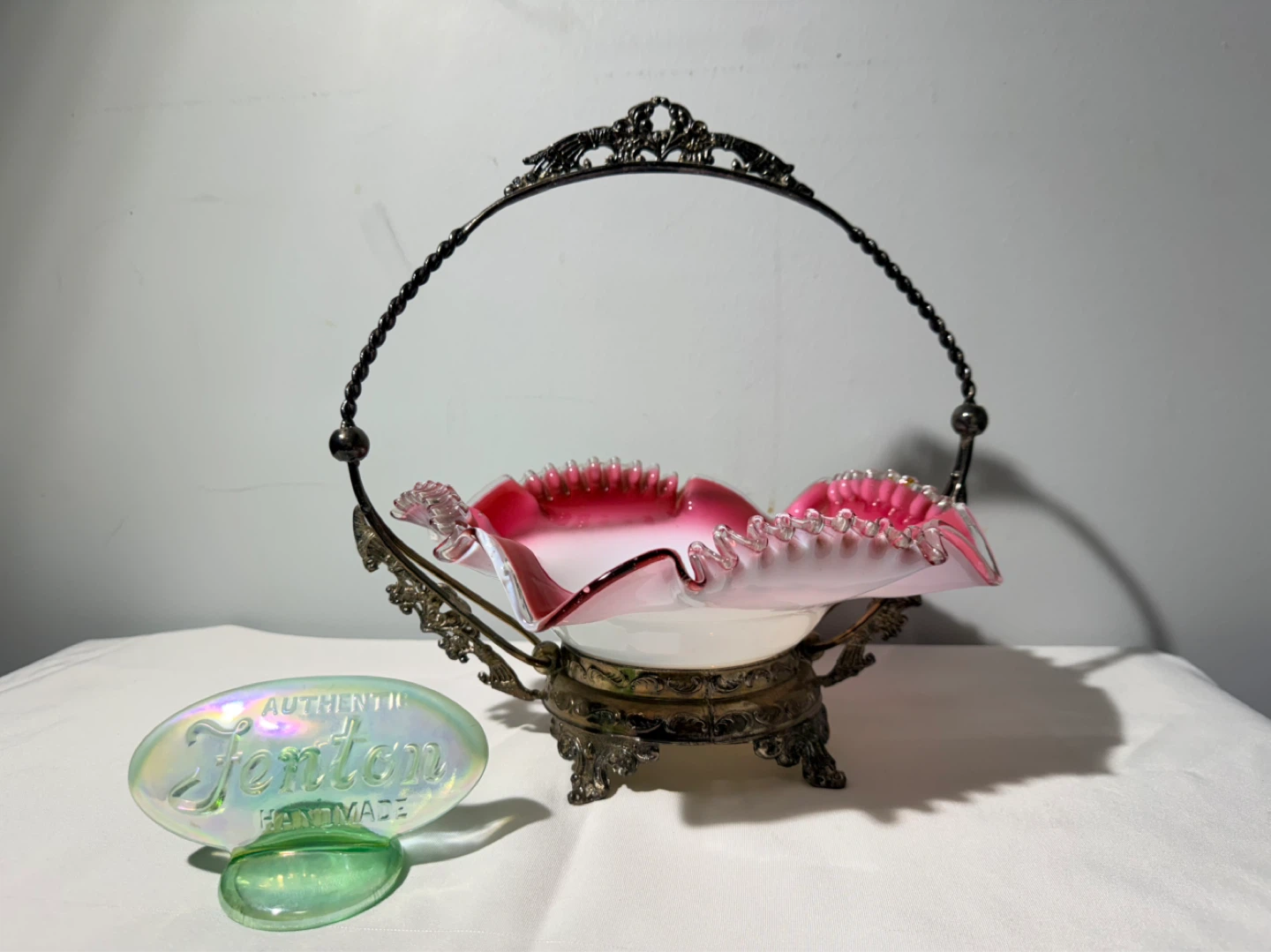 Fenton Pink Hobnail Glass Basket with Metal Handle