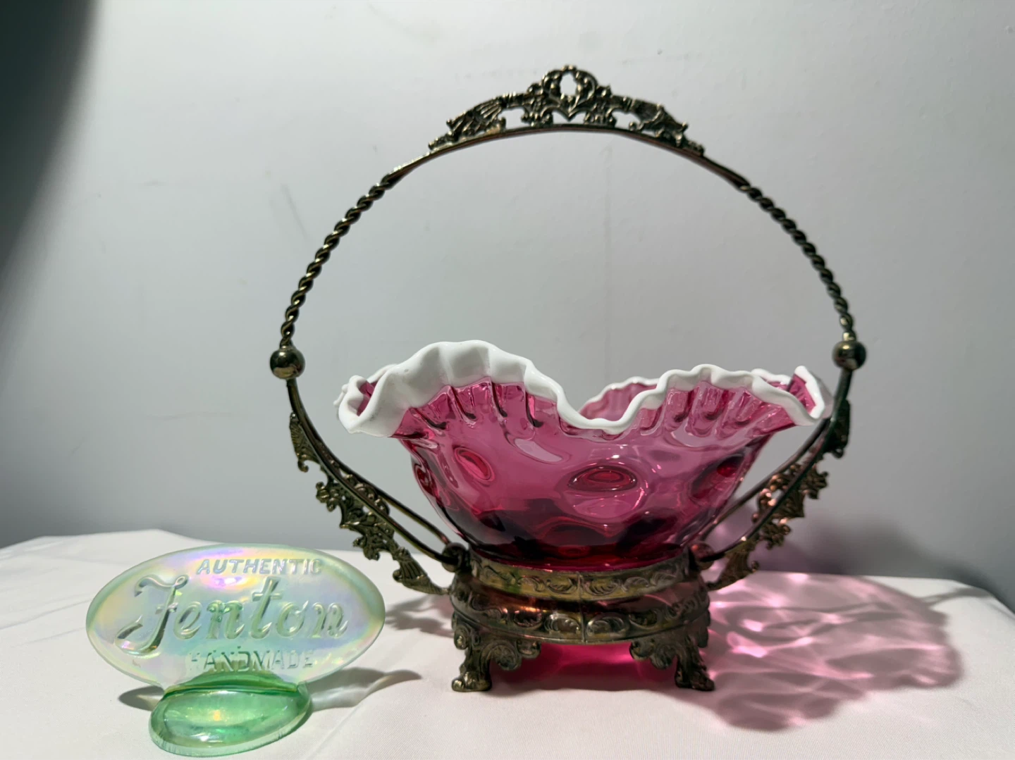 Fenton Pink Hobnail Glass Basket with Metal Handle - photo 4