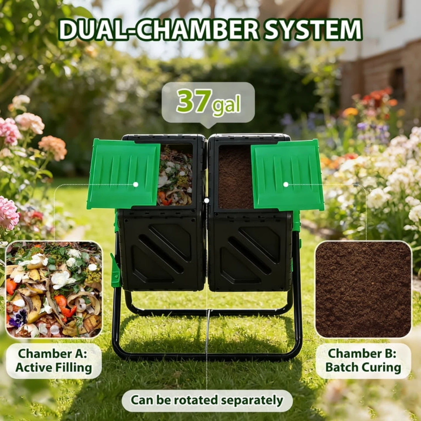 🔥 Brand NEW 37-Gallon Dual Chamber Compost Bin Tumbler - photo 3