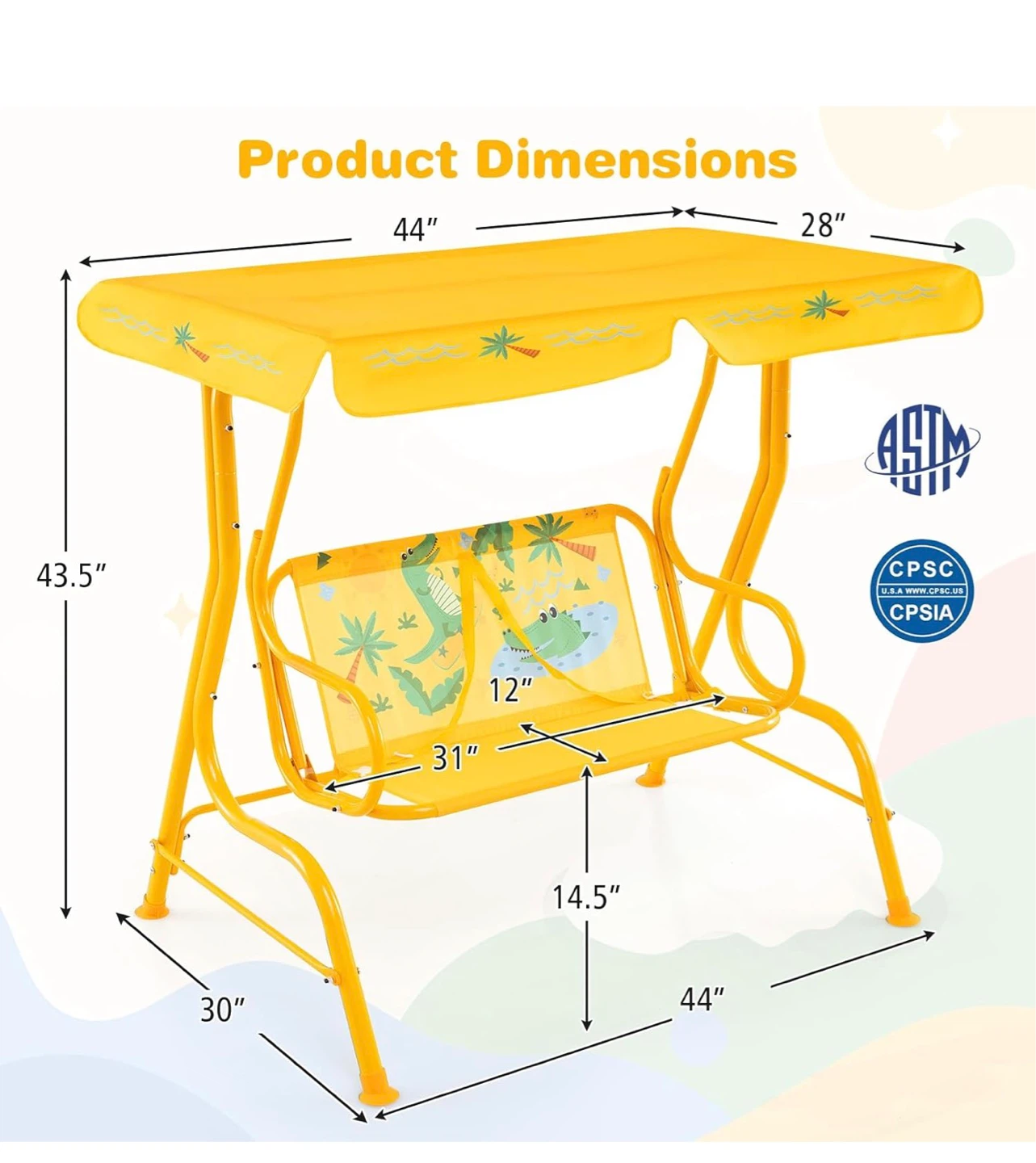 Yellow 2-Person Outdoor Porch Swing with Canopy - photo 3