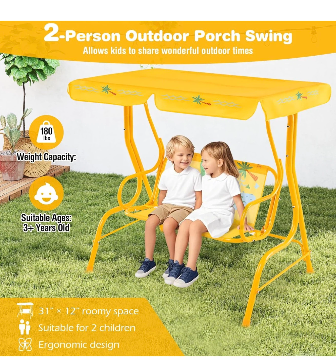 Yellow 2-Person Outdoor Porch Swing with Canopy - photo 5