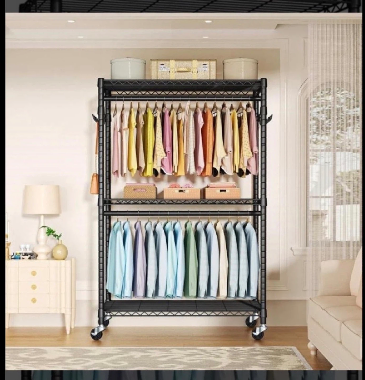 Black Rolling Garment Rack with Shelves - photo 2