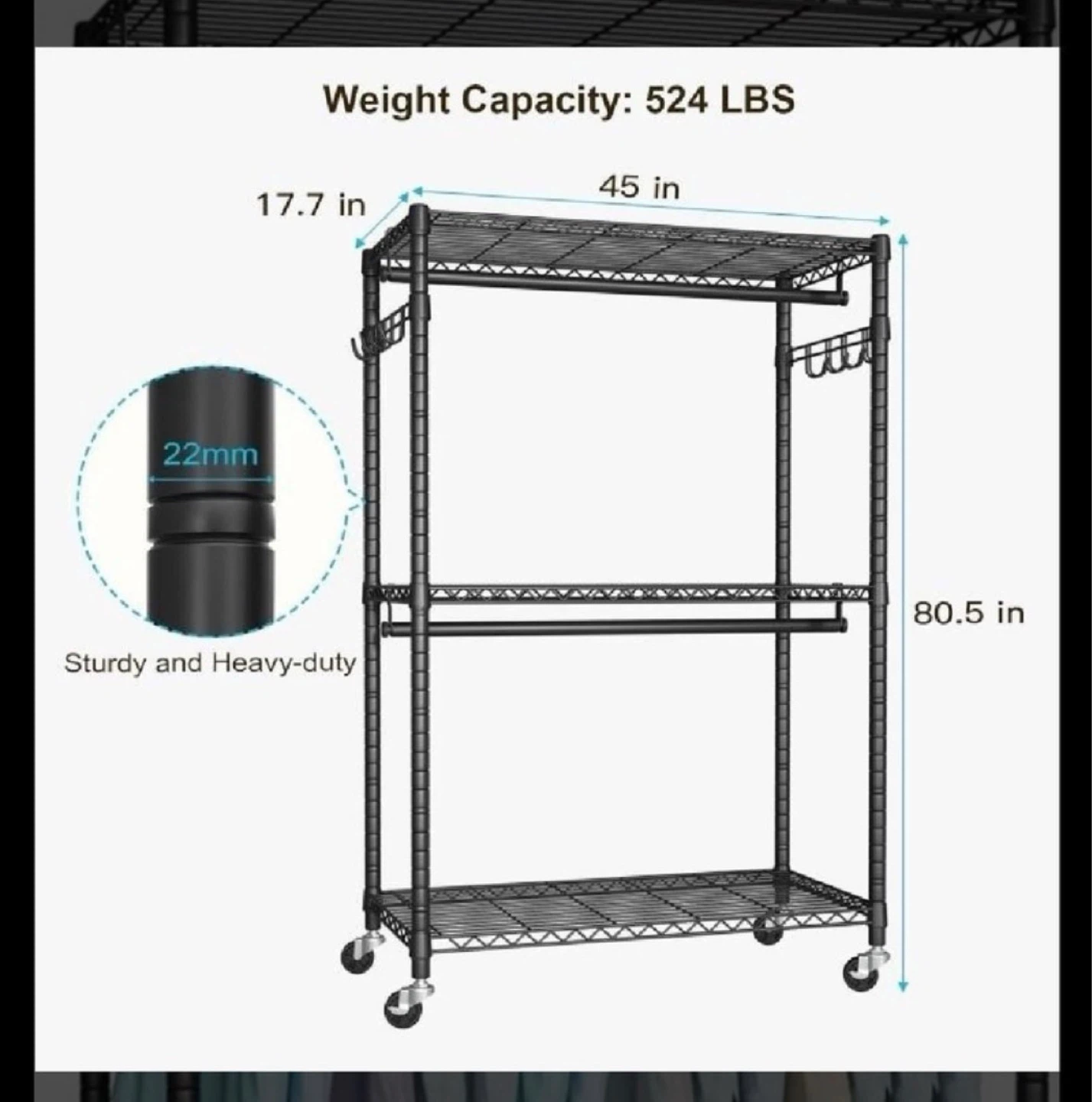 Black Rolling Garment Rack with Shelves - photo 3