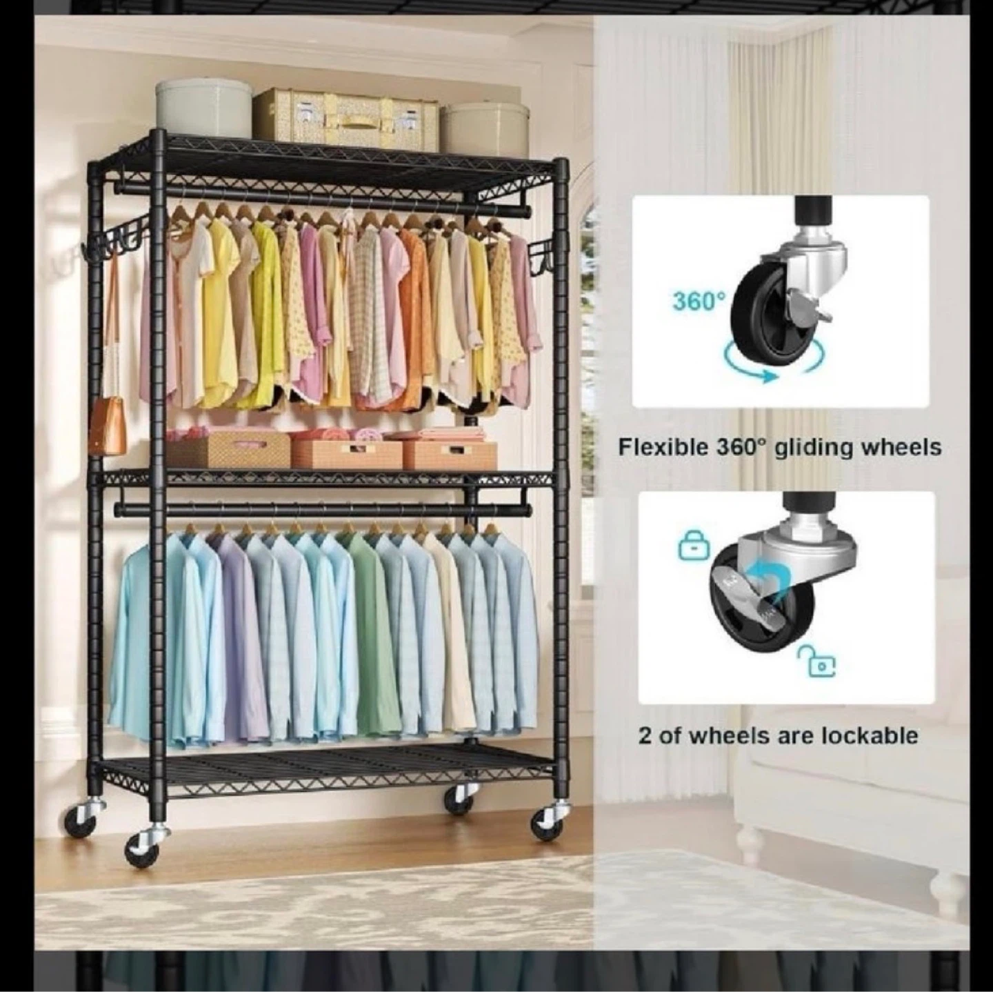 Black Rolling Garment Rack with Shelves - photo 4