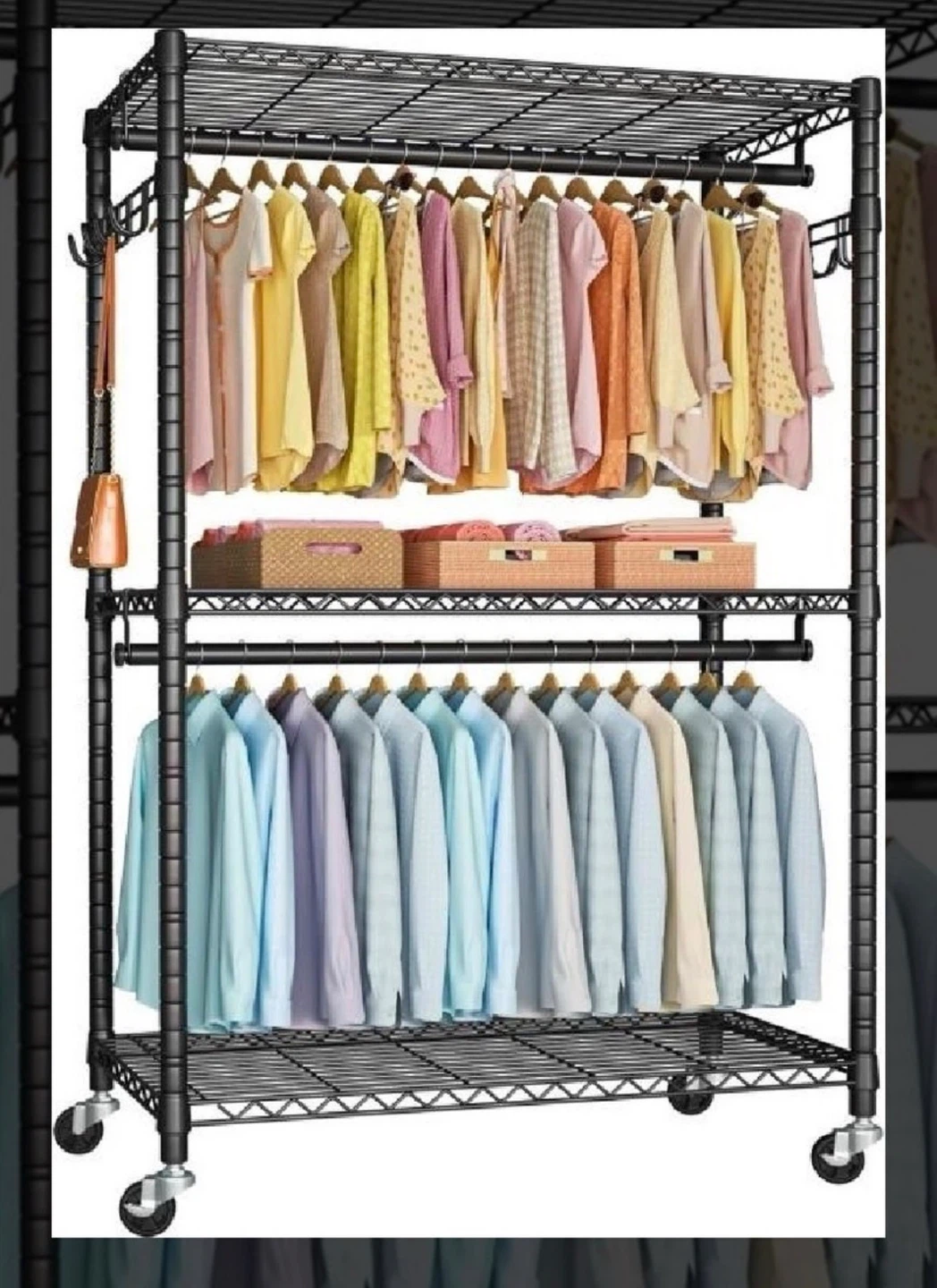 Black Rolling Garment Rack with Shelves - photo 5