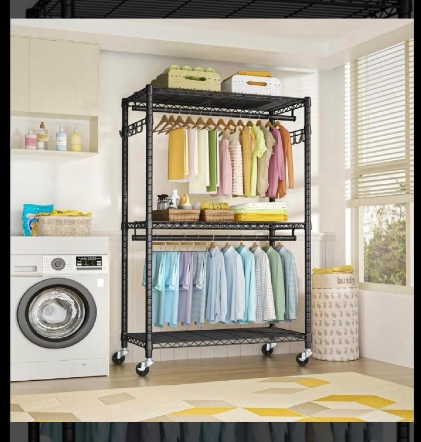 Black Rolling Garment Rack with Shelves