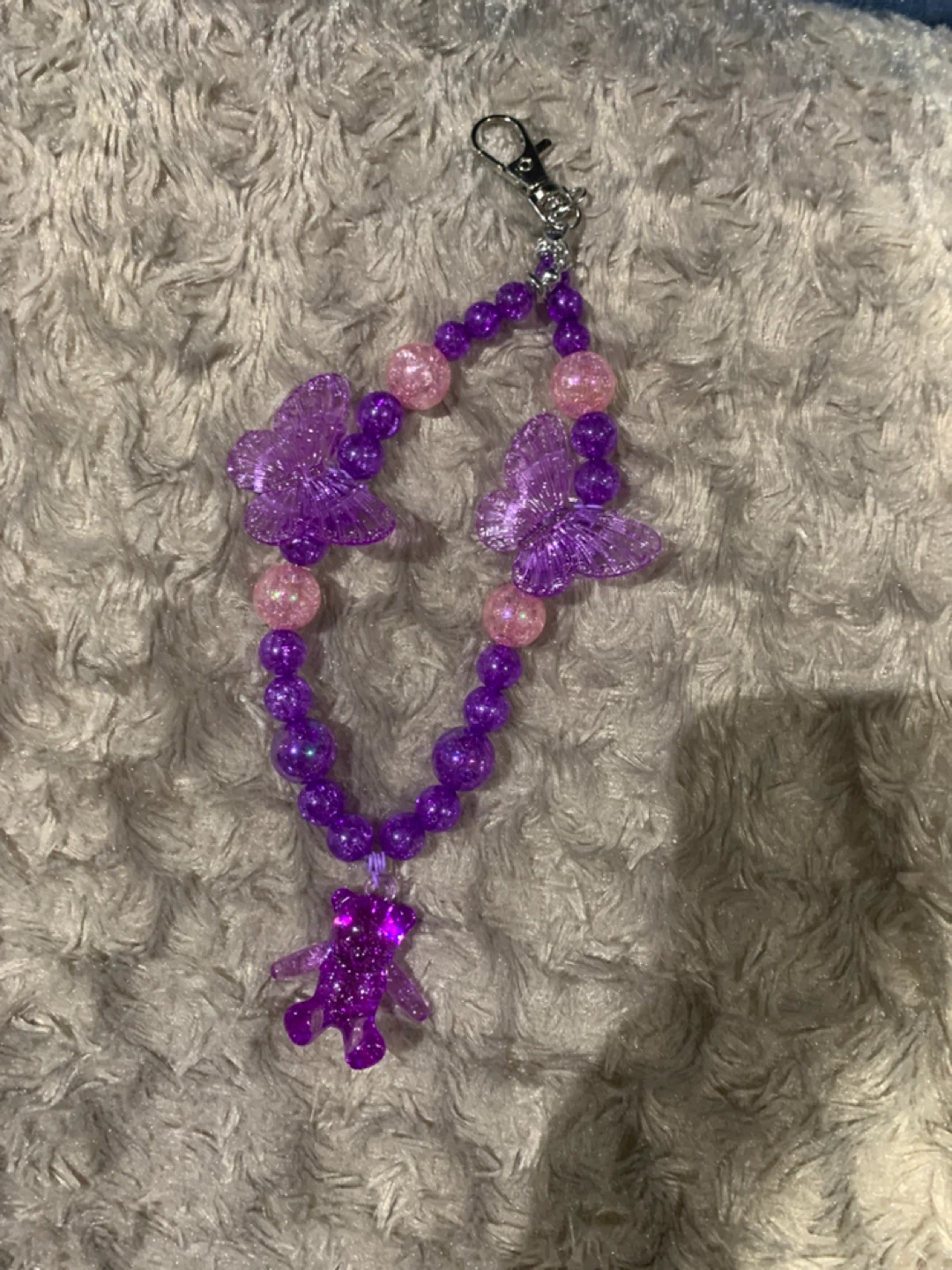 Purple Beaded Keychain with Bear and Butterflies