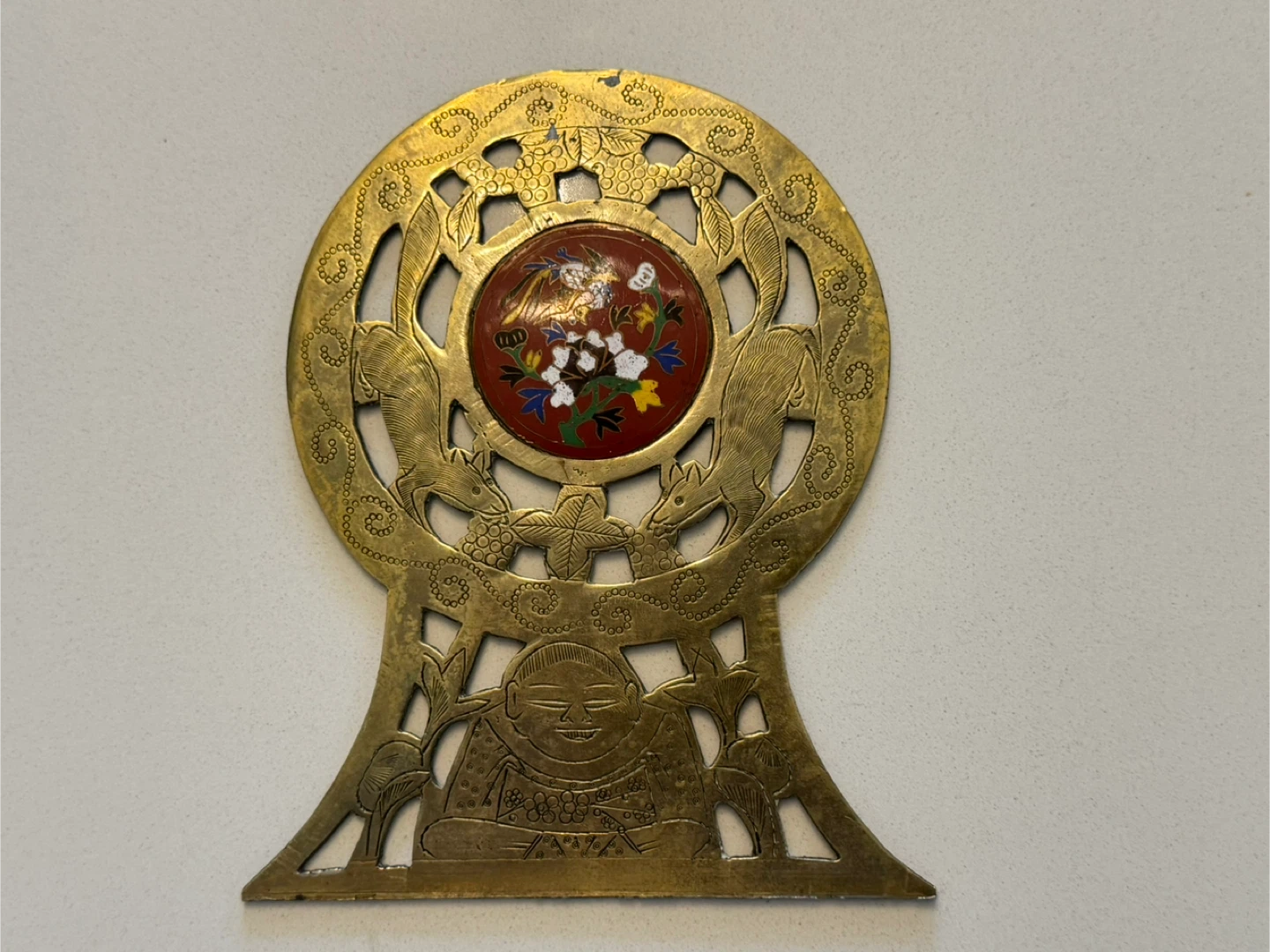 Antique Chinese Brass and Cloisonné Panel