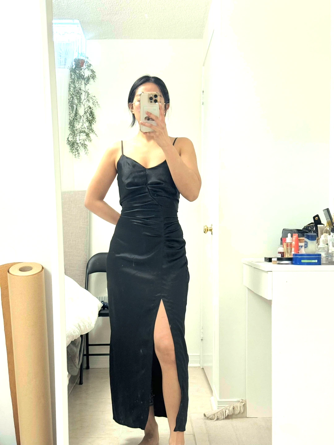 Black Satin Maxi Dress with High Slit