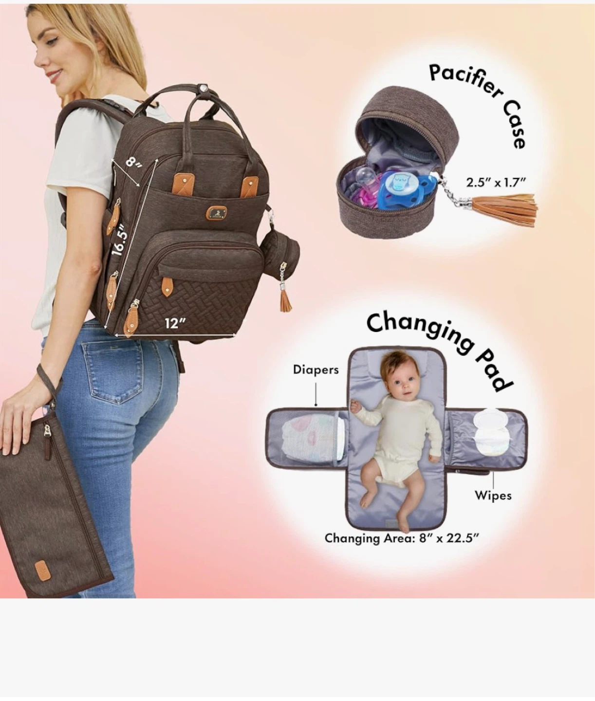 Brown Diaper Bag Backpack with Changing Pad - photo 2