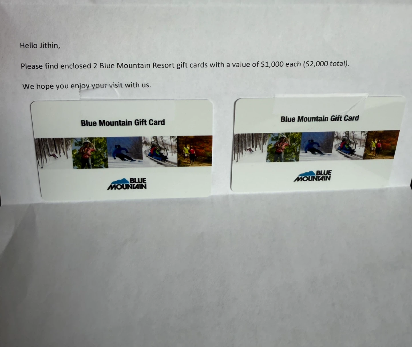 Blue Mountain Resort Gift Cards - $1,000 Each