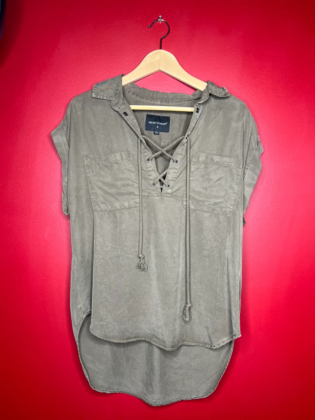 ‘Velvet Heart’ TENCEL- Olive, Lace-Up Shirt - Size M - photo 3