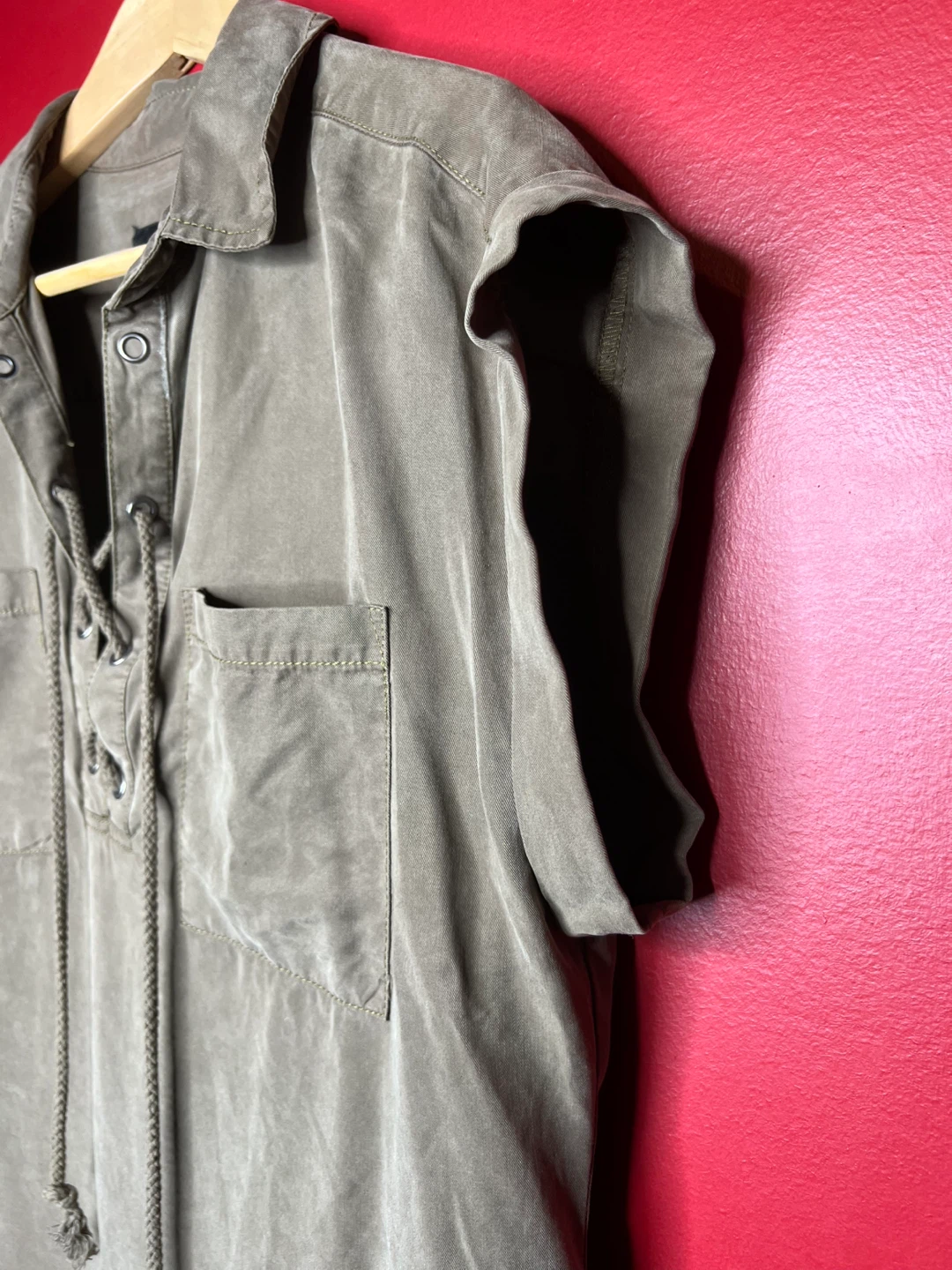 ‘Velvet Heart’ TENCEL- Olive, Lace-Up Shirt - Size M