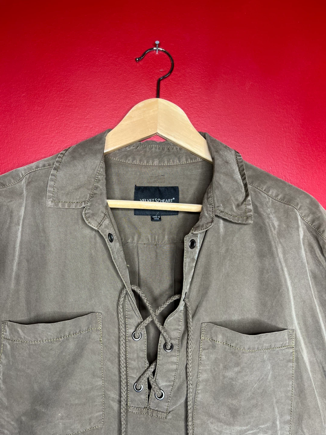 ‘Velvet Heart’ TENCEL- Olive, Lace-Up Shirt - Size M - photo 2