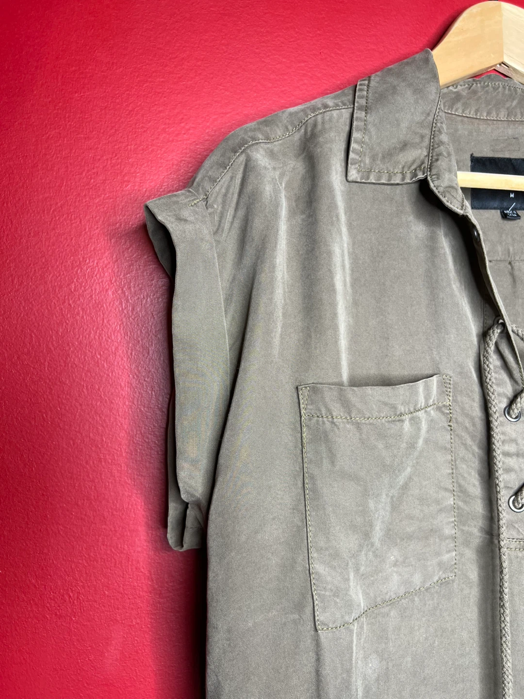 ‘Velvet Heart’ TENCEL- Olive, Lace-Up Shirt - Size M - photo 4