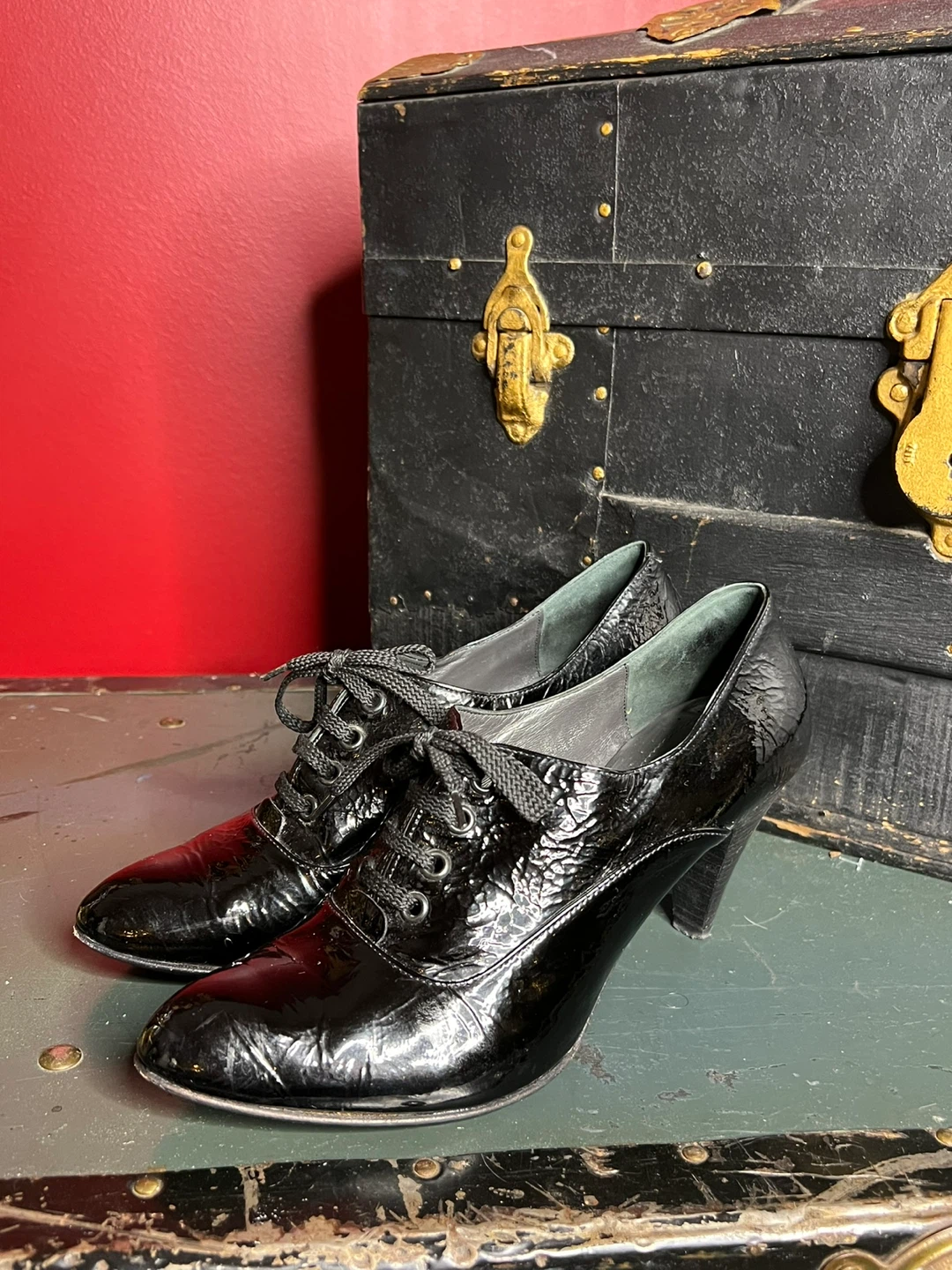 Vintage, size 9, Black Patent Lace-up Heels