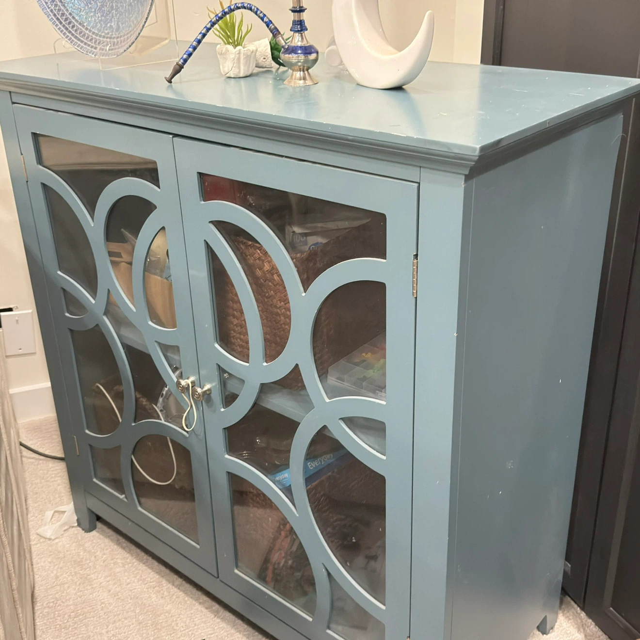 Blue Cabinet with Decorative Glass Doors