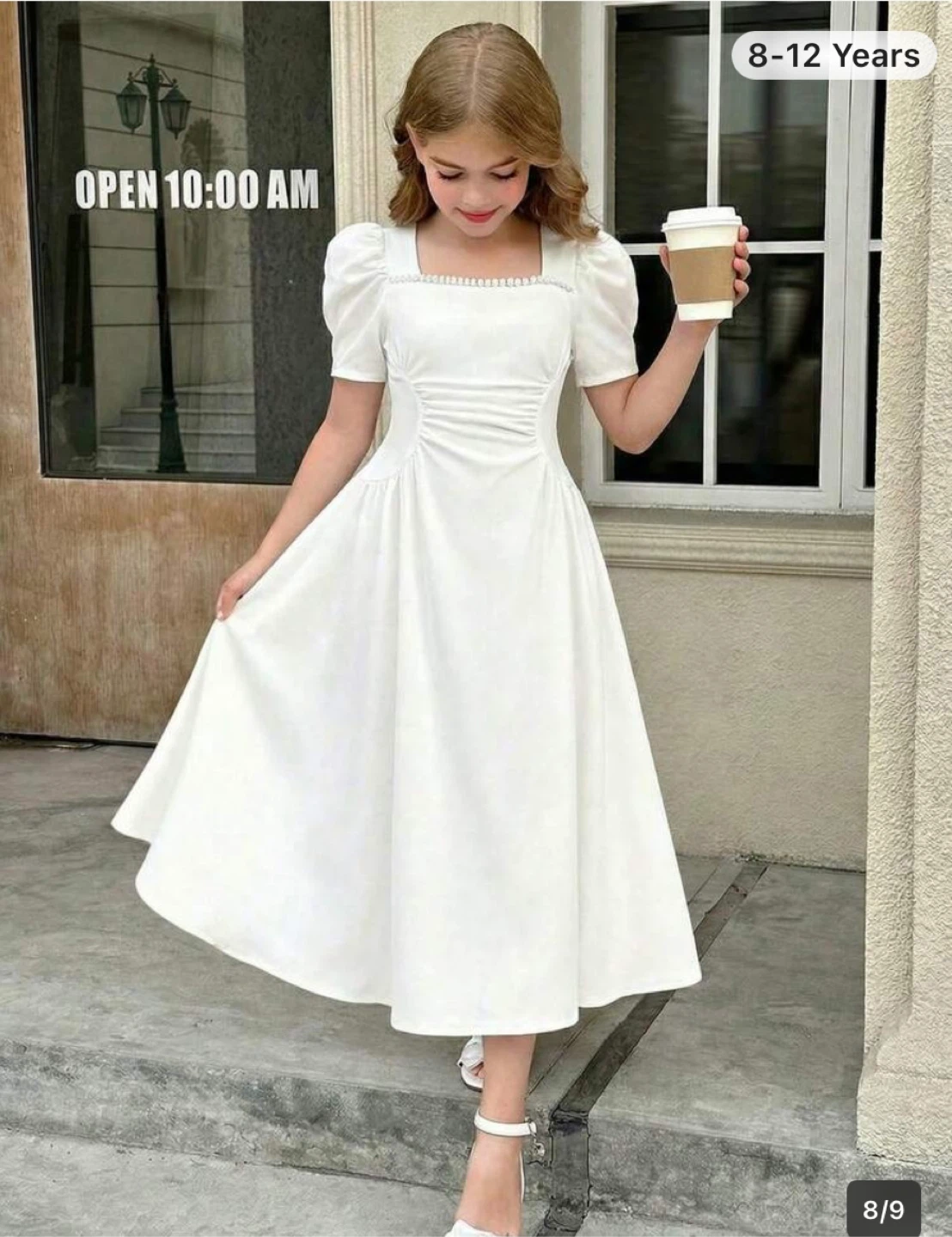 Girls' White Square Neck Puff Sleeve Dress