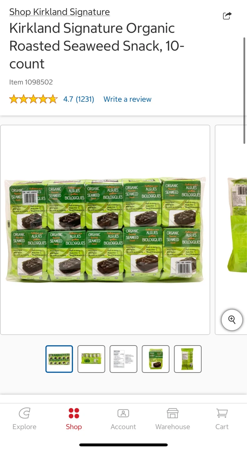 Kirkland Signature Organic Roasted Seaweed Snack, 10-count