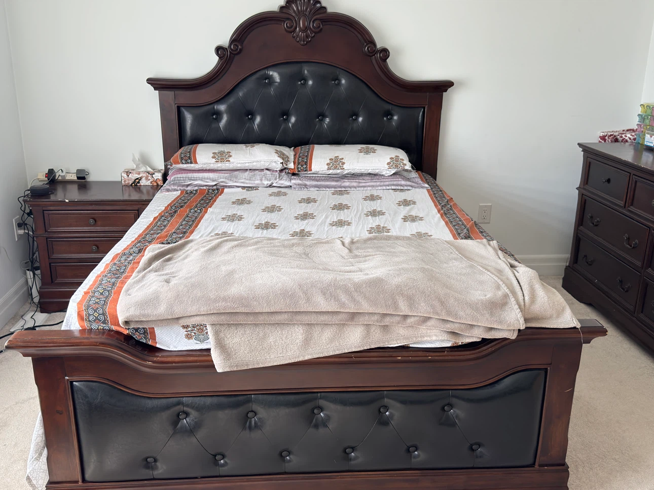 Dark Wood Bed Frame with Tufted Headboard