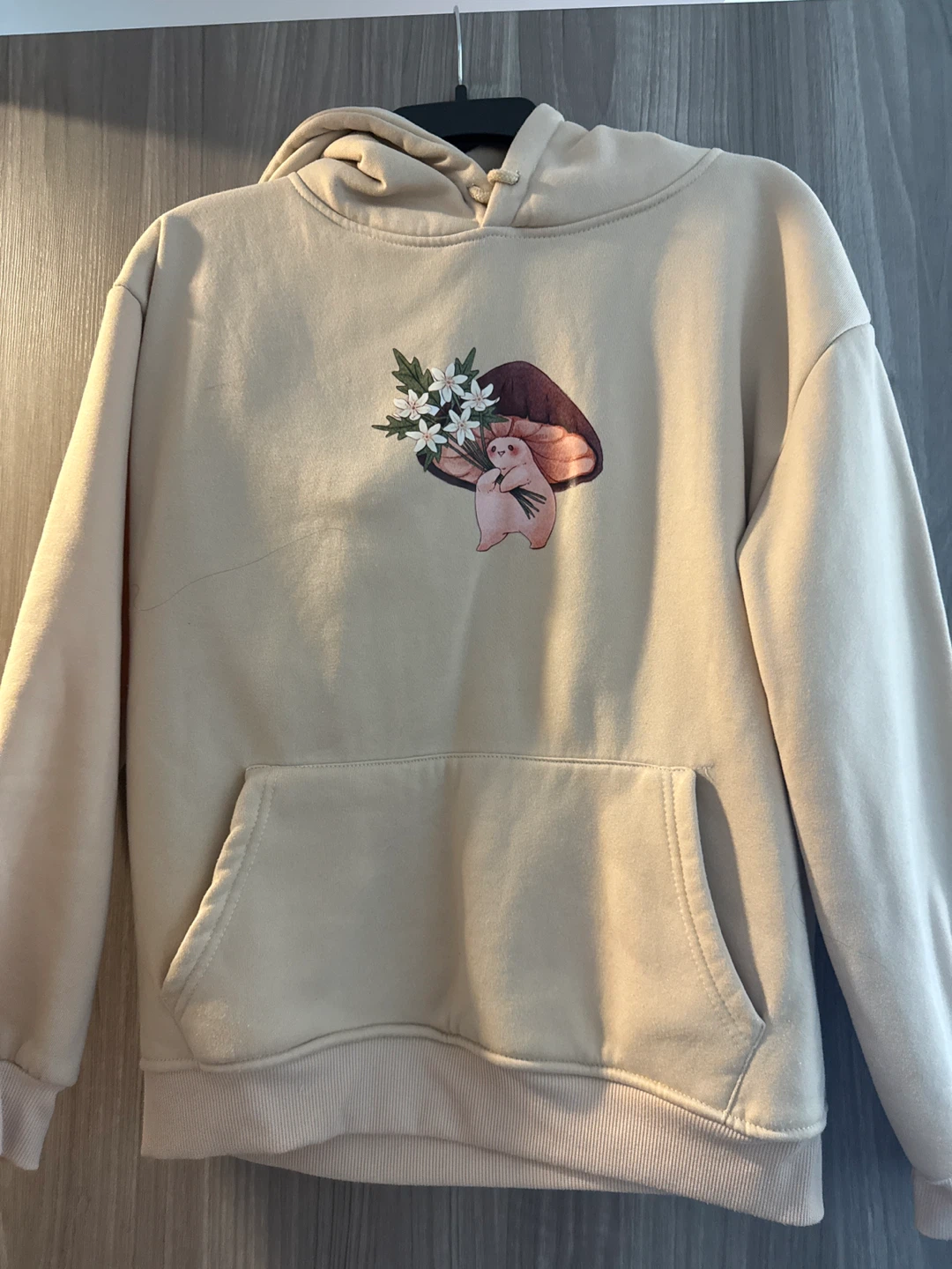 Beige Hoodie with Mushroom Graphic