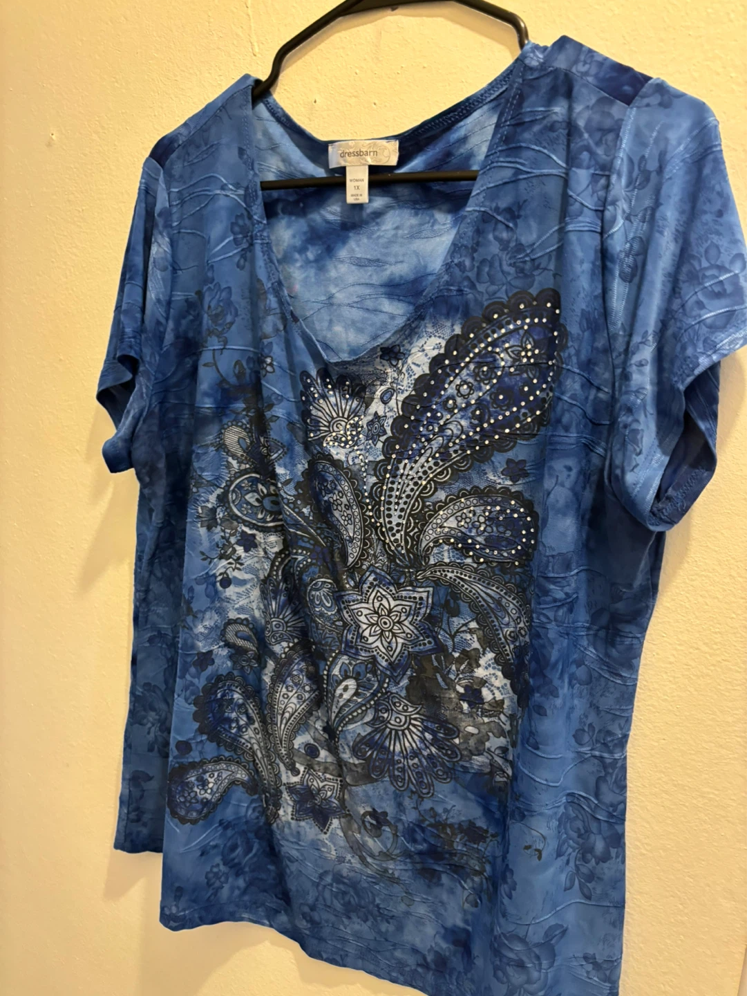 NEW-DressBarn Blue Paisley Print V-Neck Top Size 1X