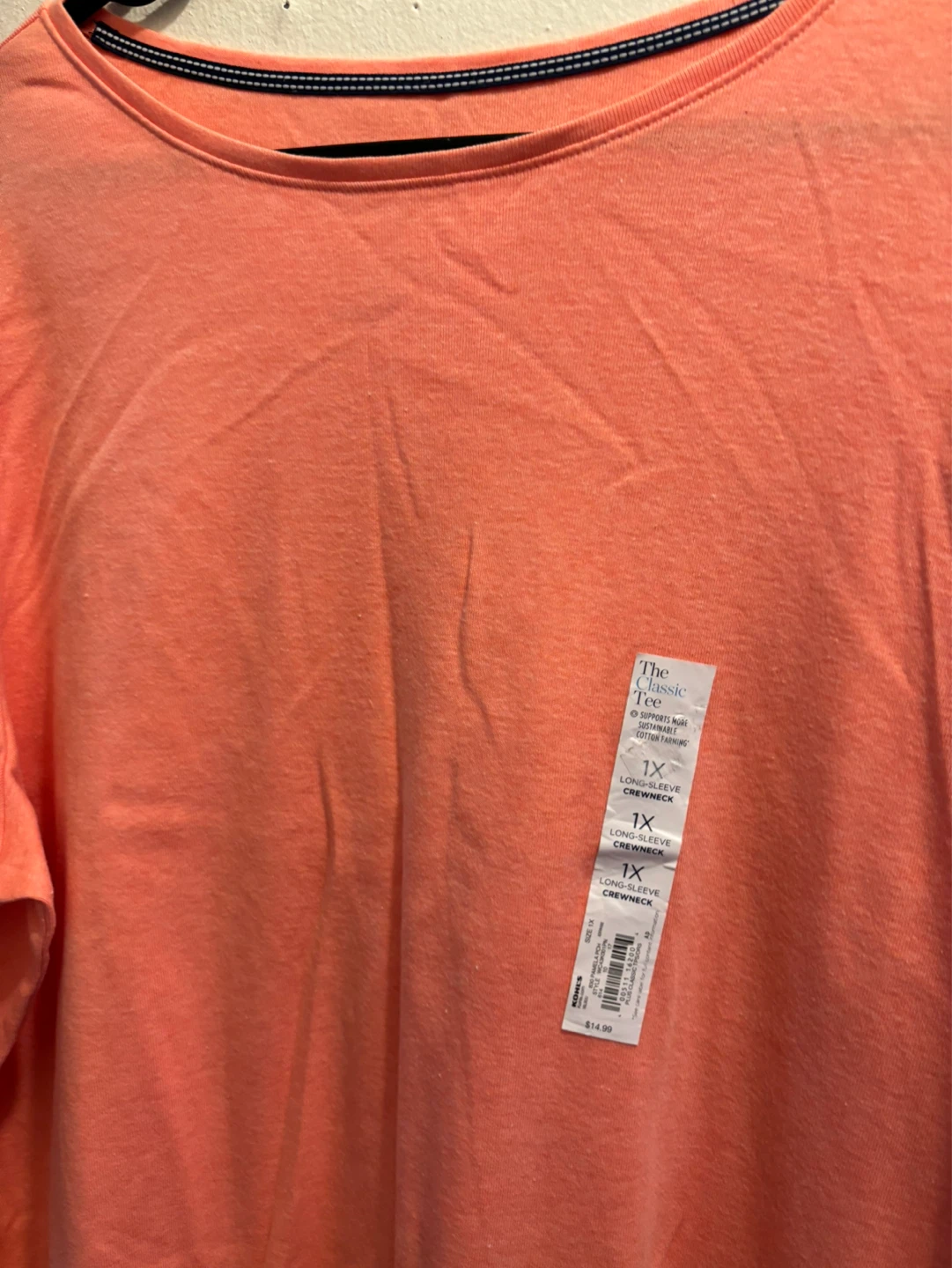 NEW-The Classic Tee Long Sleeve Crewneck Shirt 1X Coral