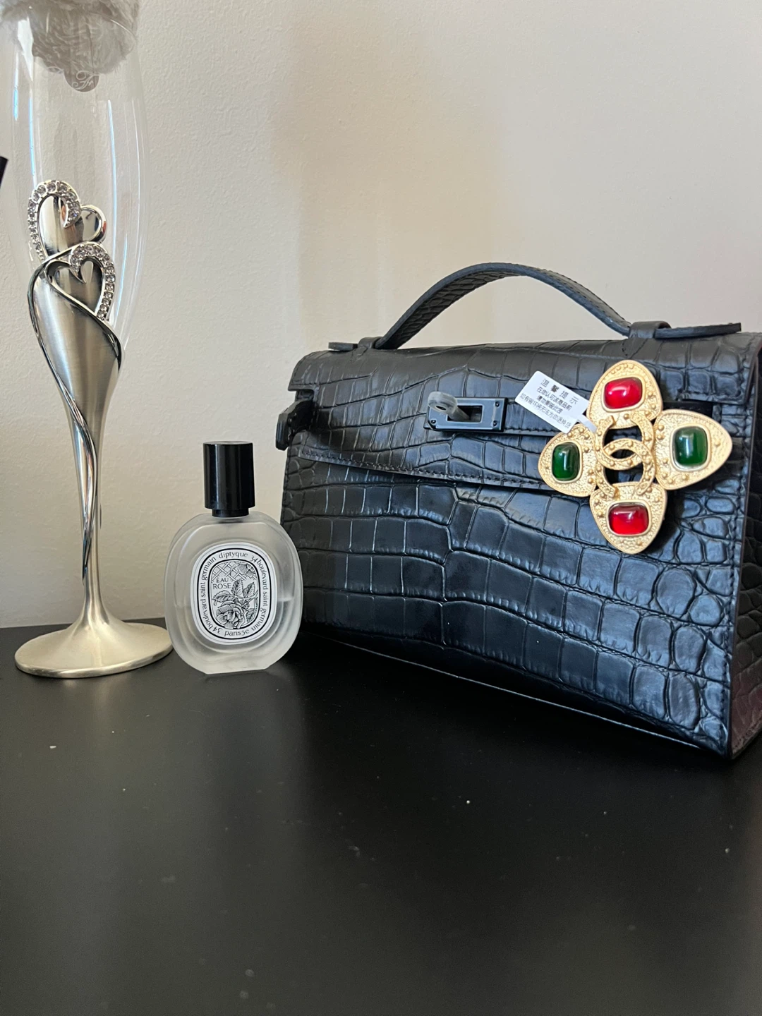 Black Crocodile Embossed Handbag with Gemstone Clasp