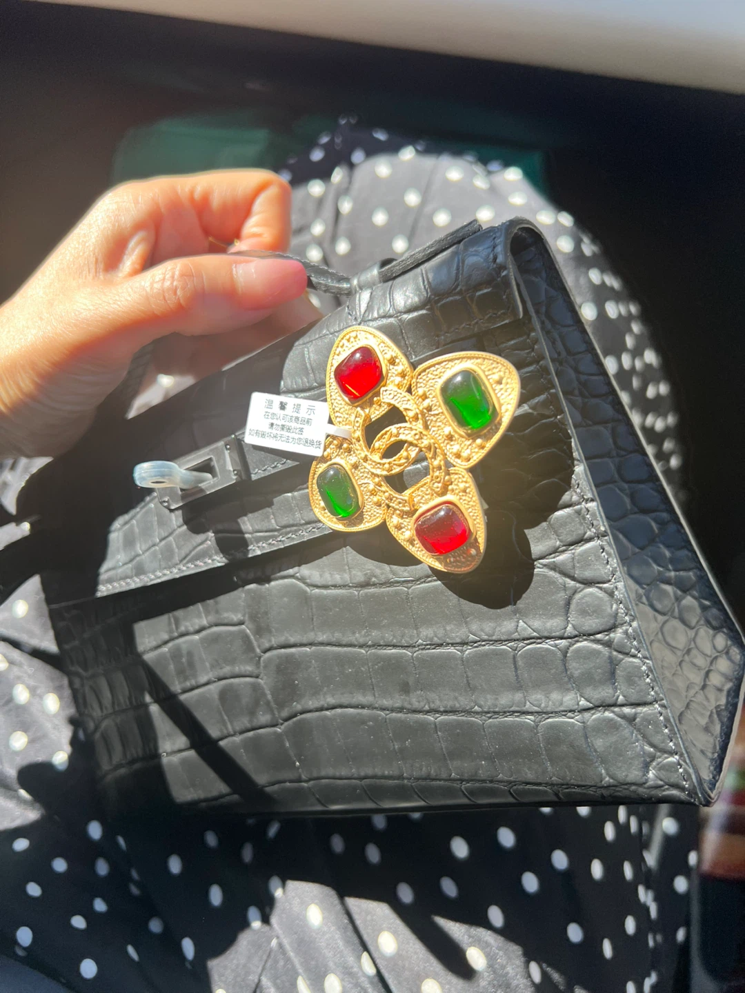 Black Crocodile Embossed Handbag with Gemstone Clasp - photo 4