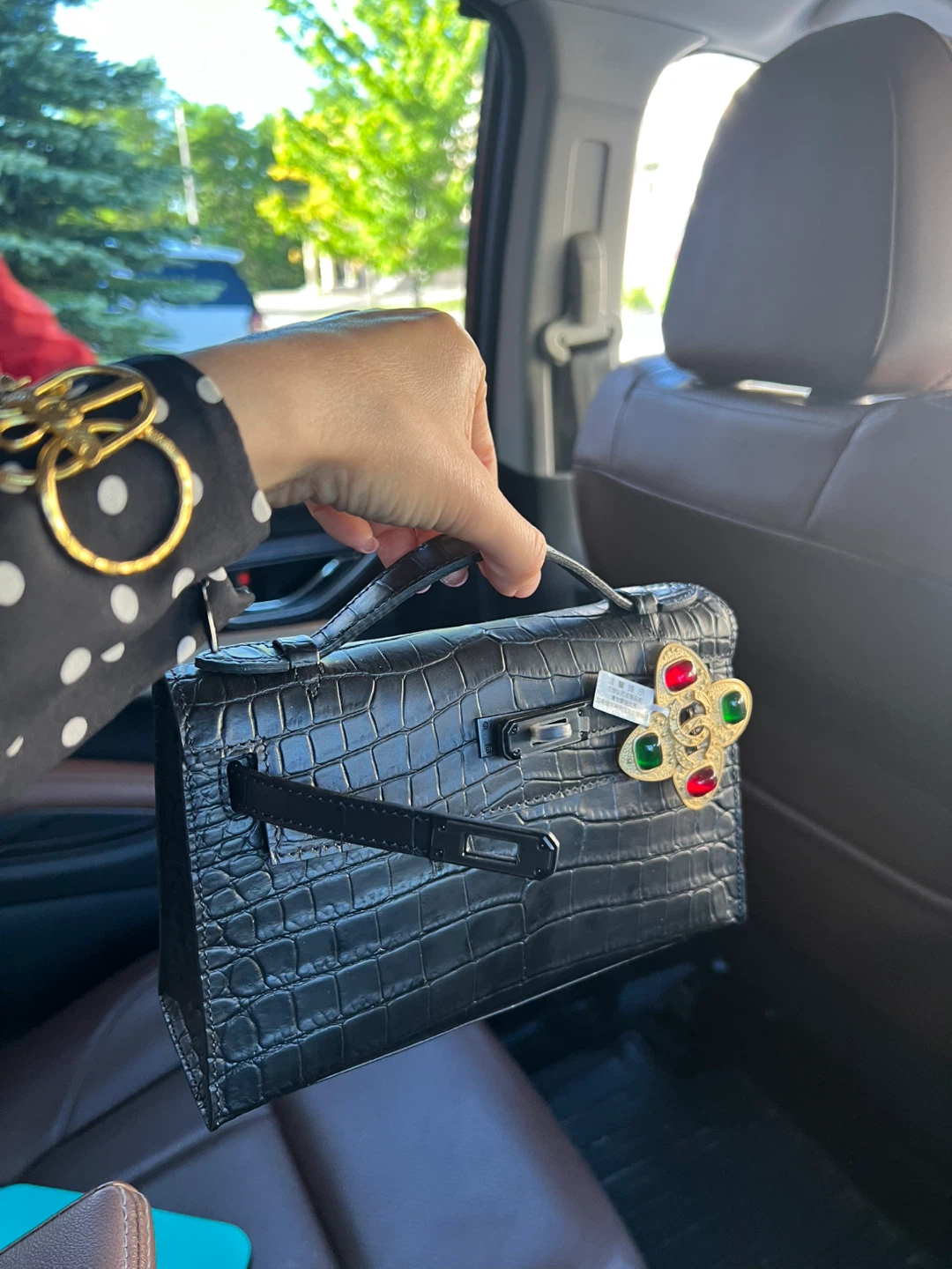 Black Crocodile Embossed Handbag with Gemstone Clasp - photo 2
