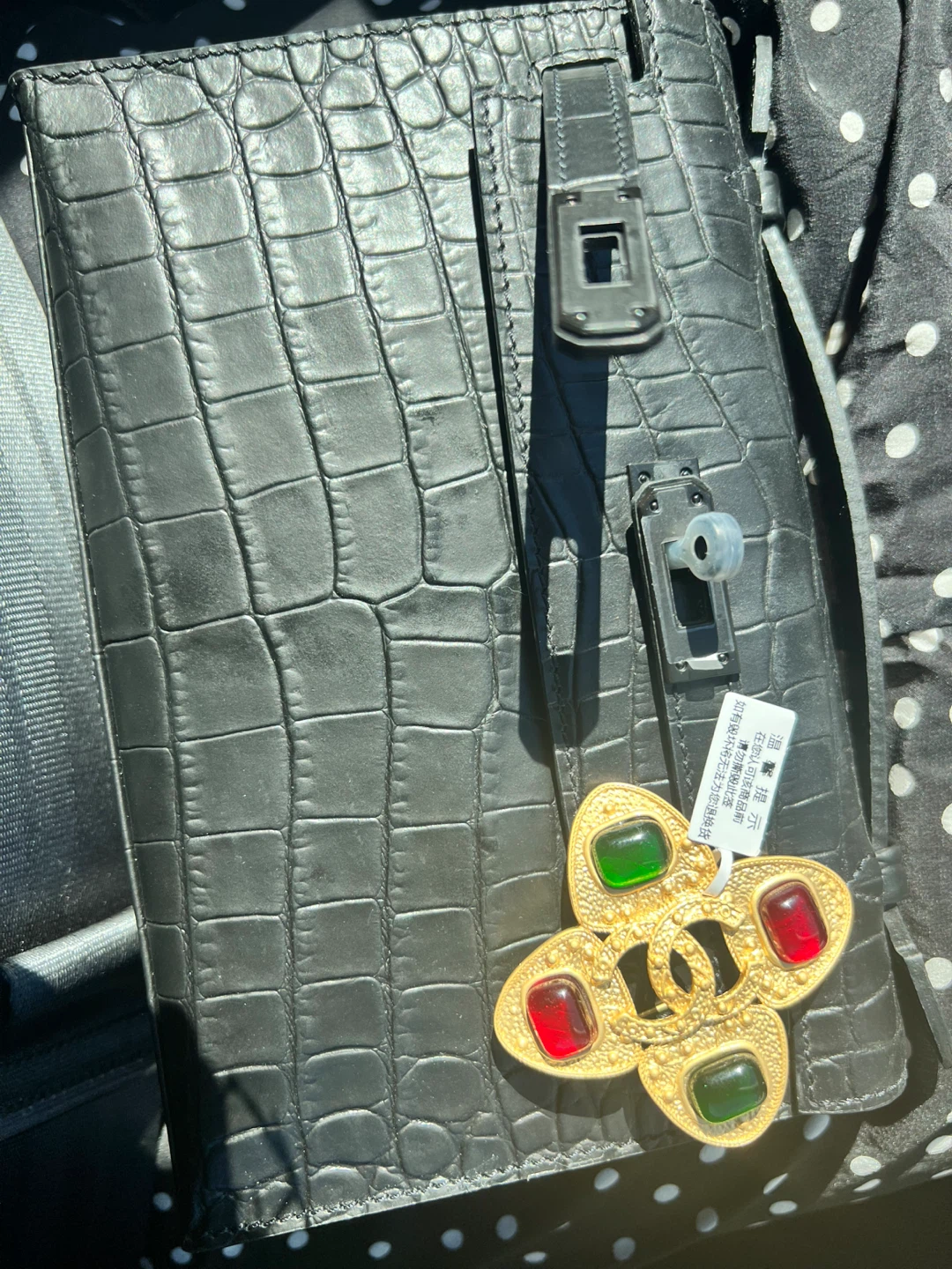 Black Crocodile Embossed Handbag with Gemstone Clasp - photo 3