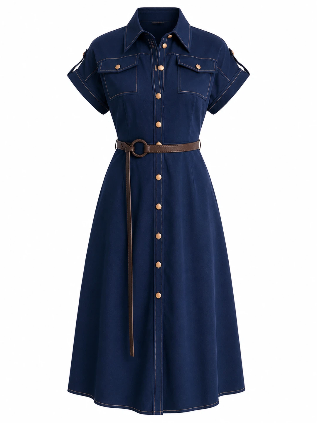 Navy Blue Button-Up Midi Dress with Belt