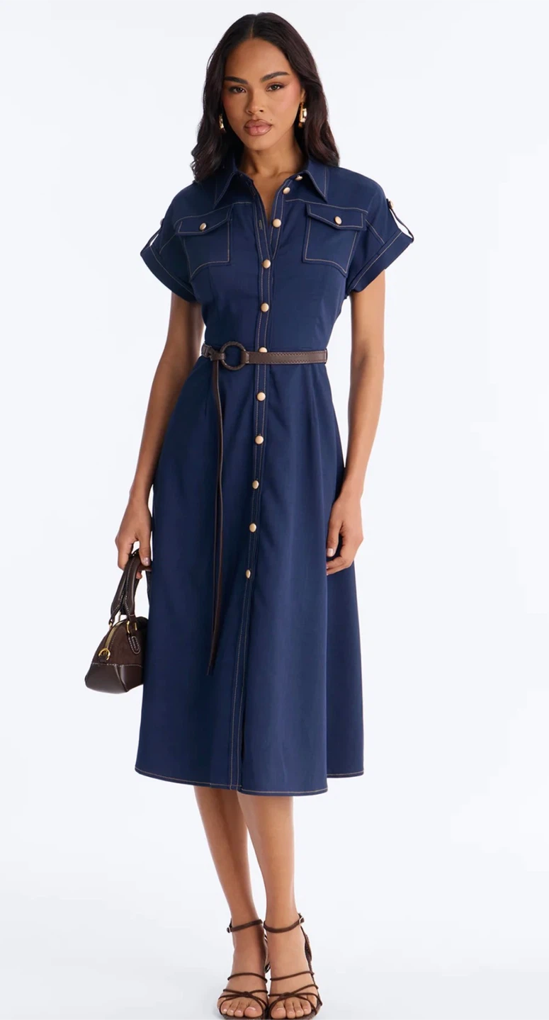 Navy Blue Button-Up Midi Dress with Belt - photo 3