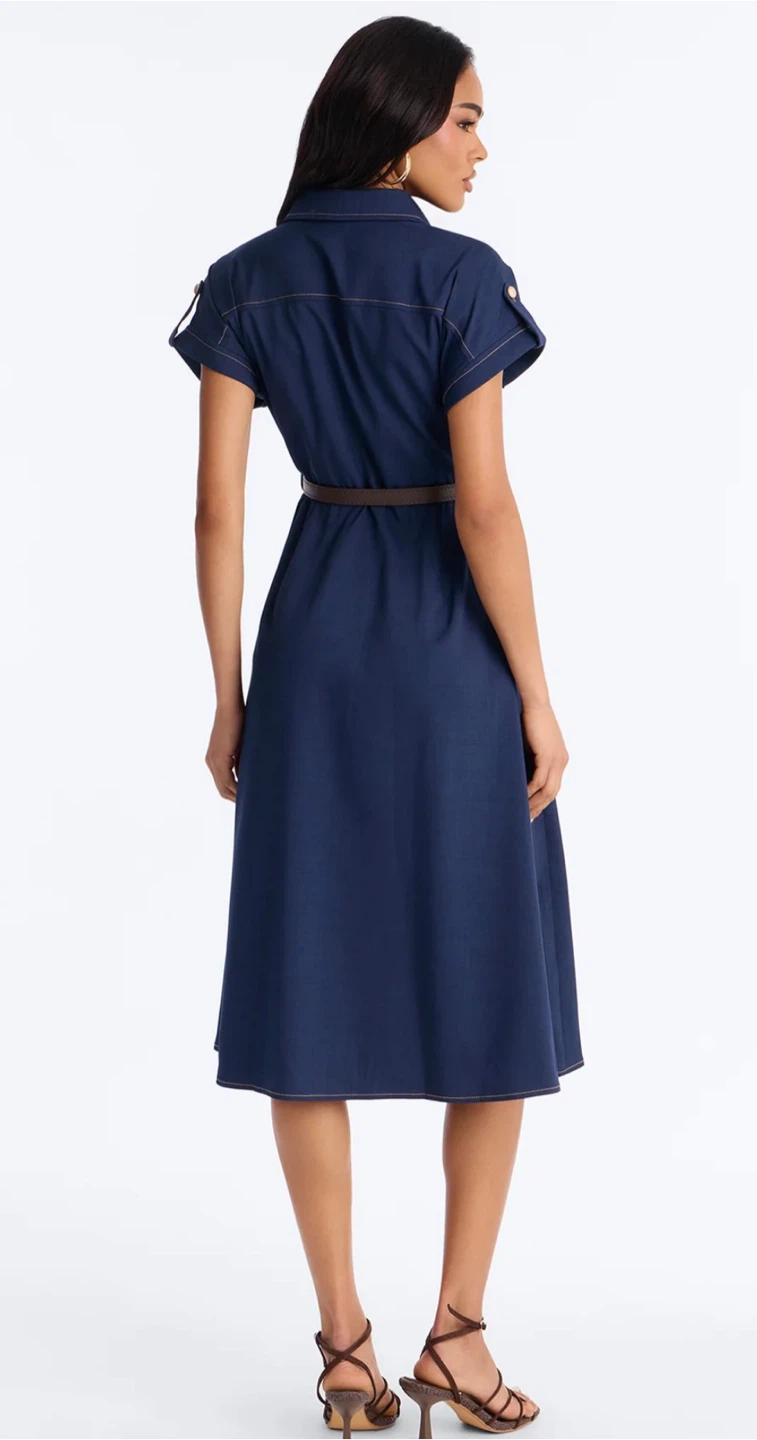 Navy Blue Button-Up Midi Dress with Belt - photo 2