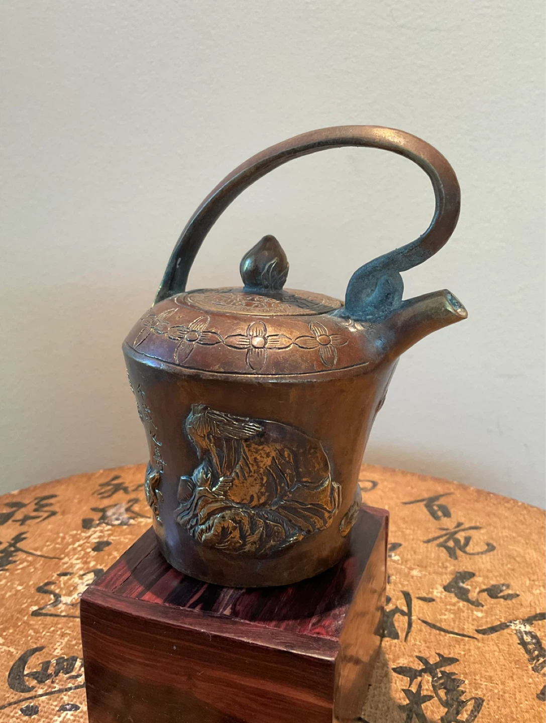 Ornate Vintage Chinese Cast-bronze Wine Pot with Relief Carvings