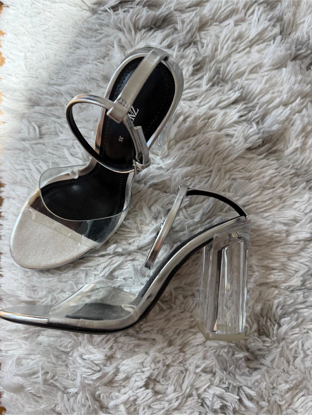 Zara Silver Clear Block Heel Sandals Size 35