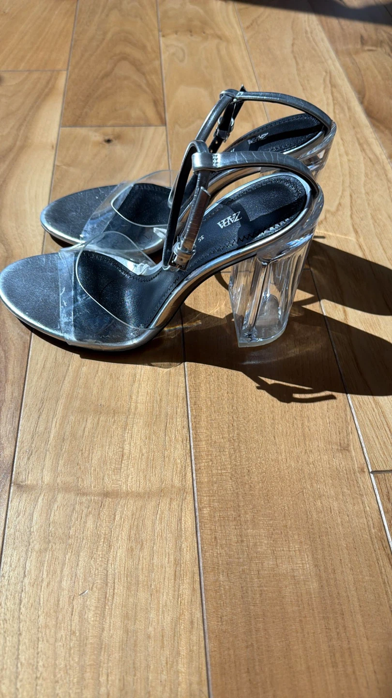 Zara Silver Clear Block Heel Sandals Size 35 - photo 2