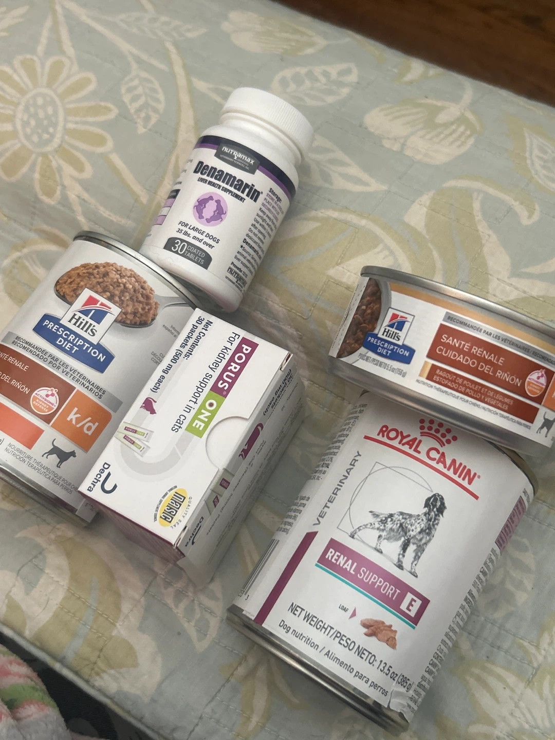 Prescription dog food and supplements for kidney disease, varied