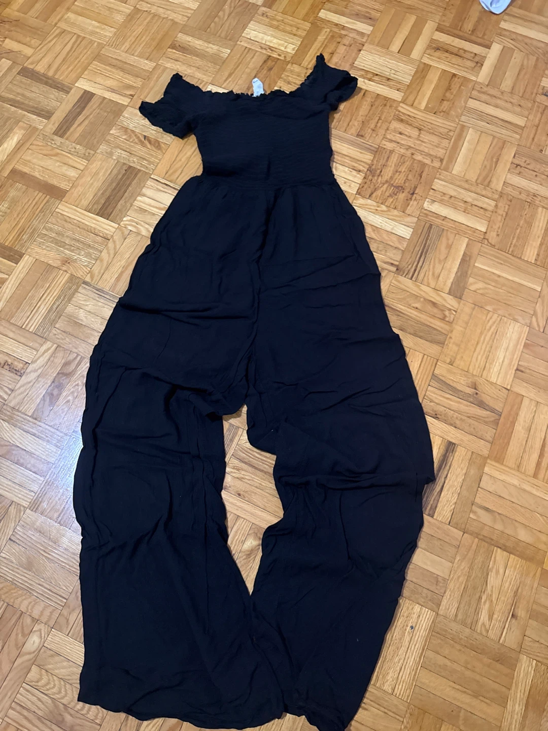 Black Smocked Off-the-Shoulder Jumpsuit
