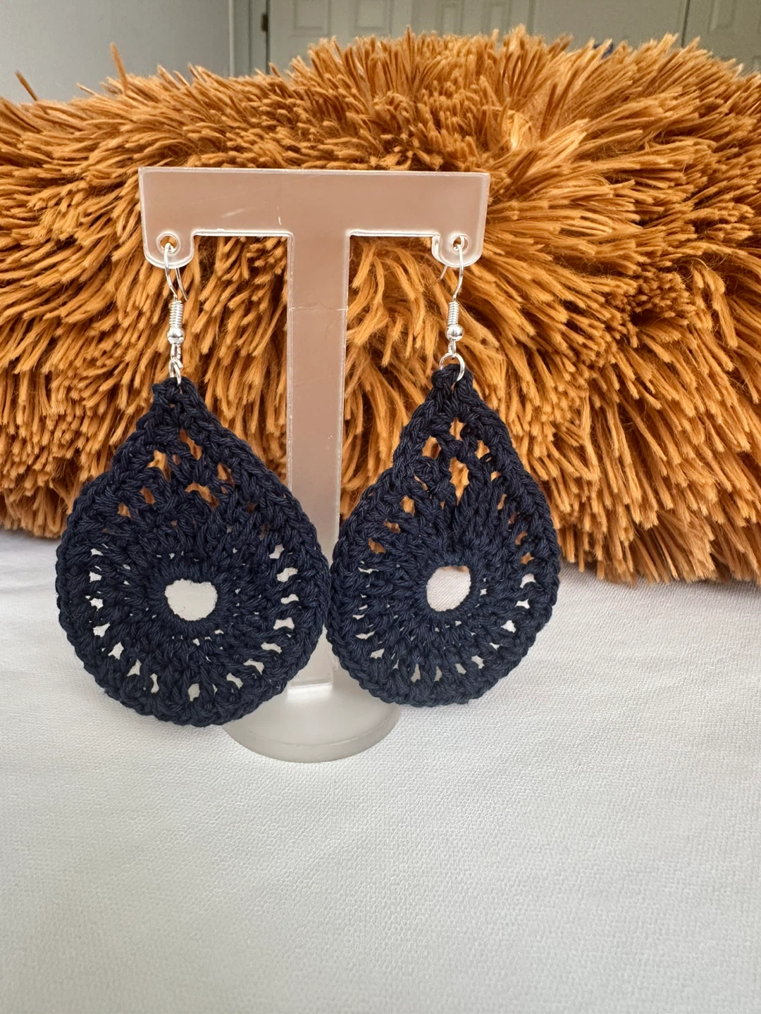 Navy Blue Crochet Teardrop Earrings