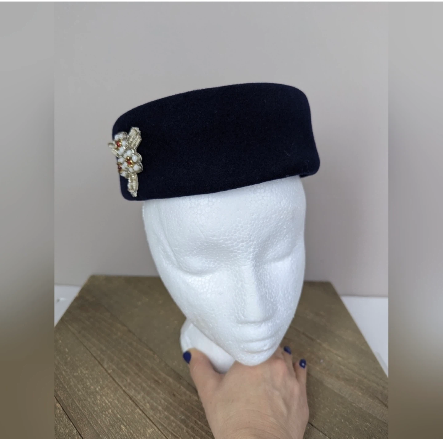 Vintage Navy Blue Pillbox Hat with Beaded Embellishment - photo 3