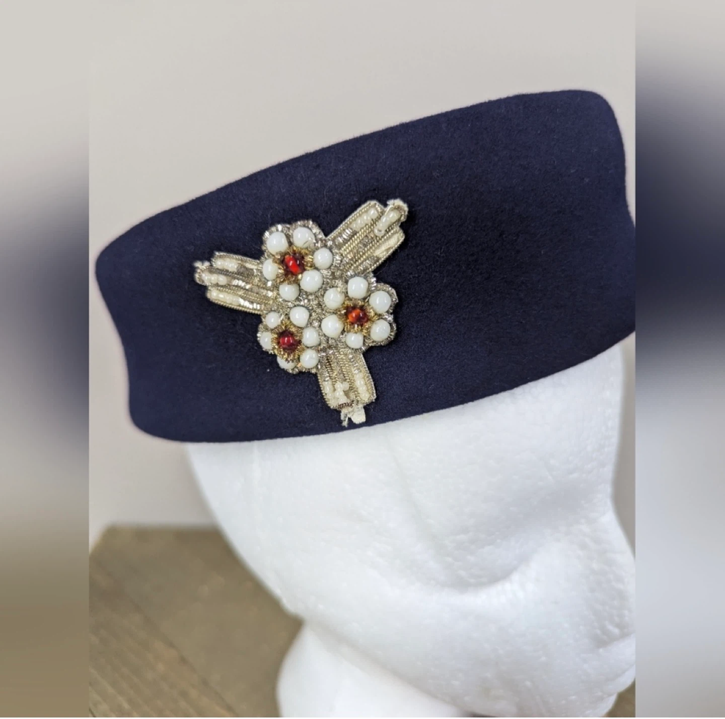 Vintage Navy Blue Pillbox Hat with Beaded Embellishment - photo 2