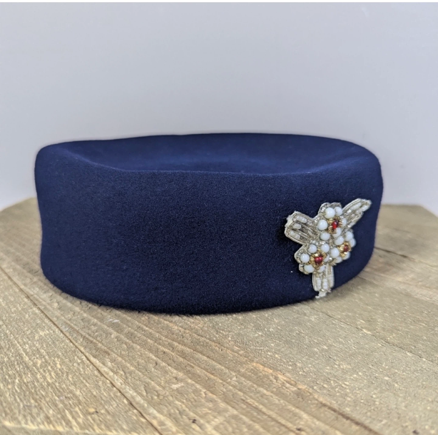 Vintage Navy Blue Pillbox Hat with Beaded Embellishment - photo 5