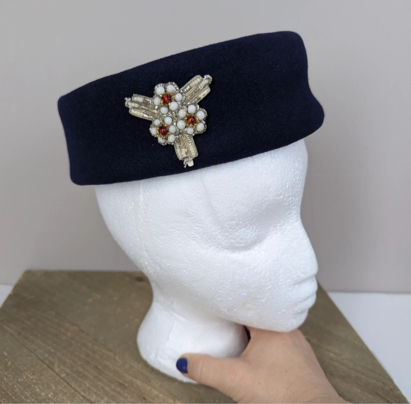 Vintage Navy Blue Pillbox Hat with Beaded Embellishment