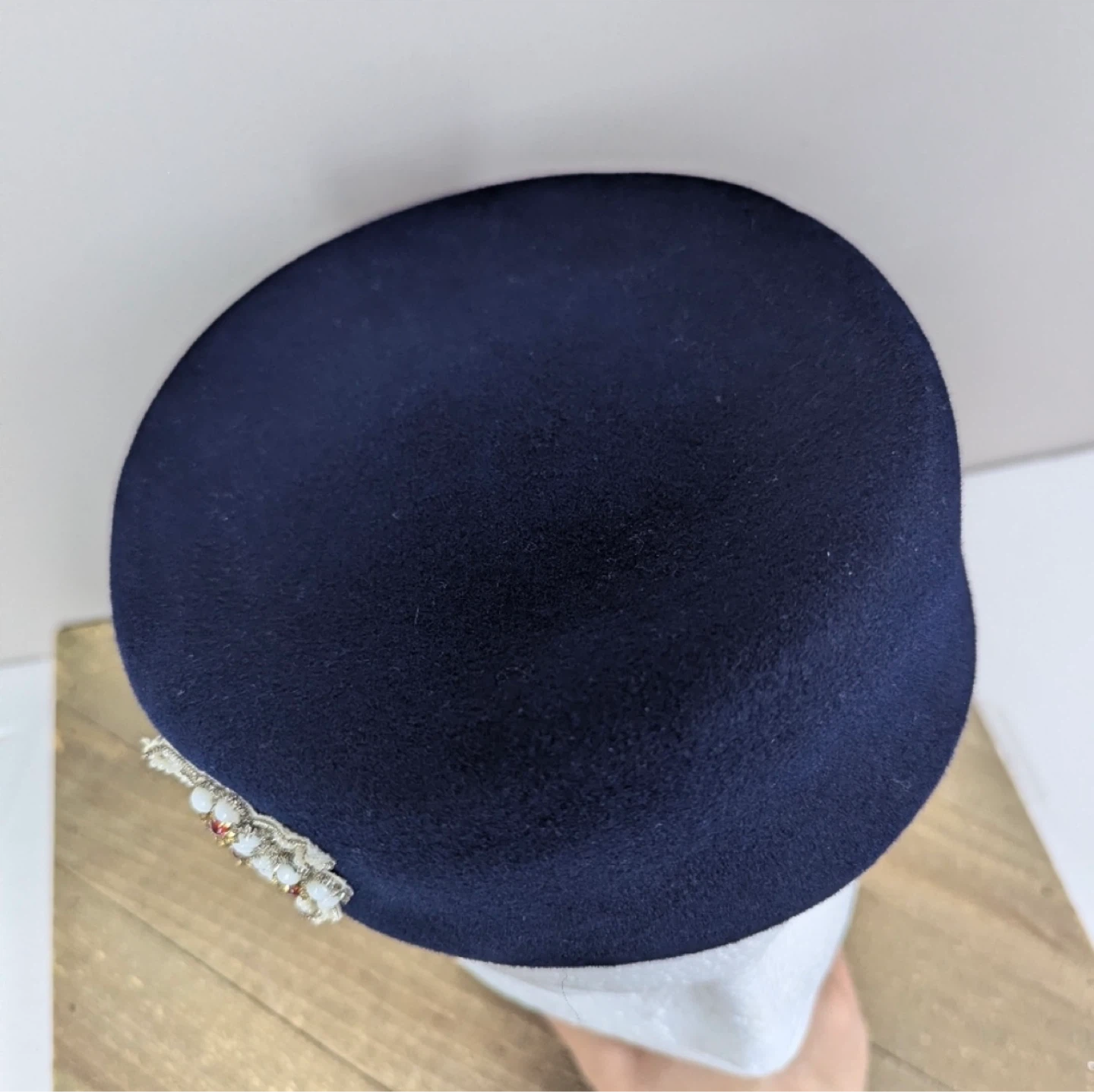 Vintage Navy Blue Pillbox Hat with Beaded Embellishment - photo 4