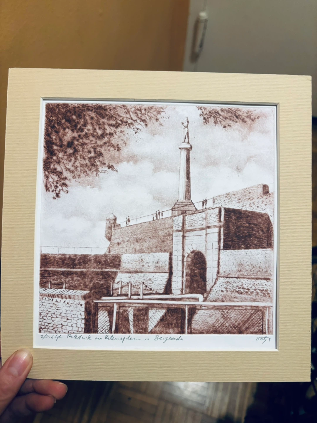 9” Square Matted Pen and Ink Drawing of Belgrade Scene