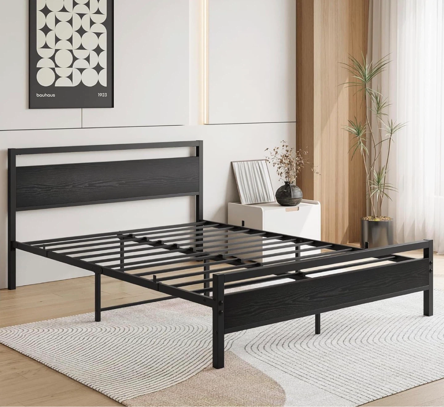 Black Queen Metal Bed Frame with Wooden Headboard